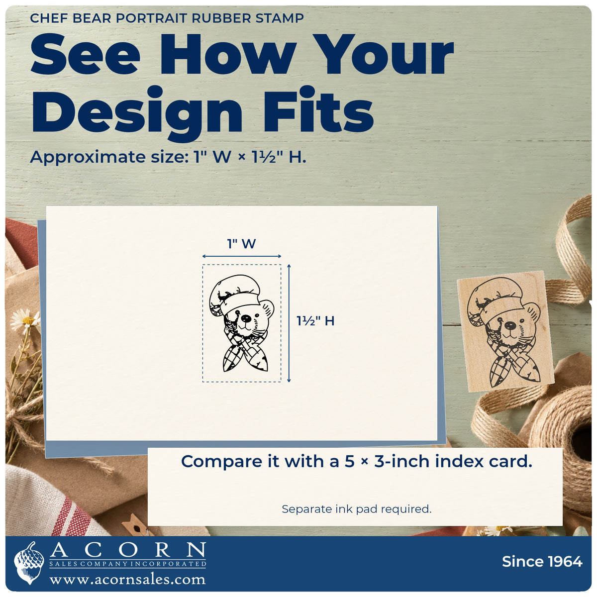 Chef Bear Portrait Rubber Stamp impression-size guide showing the design on a paper reference with dimension labels.