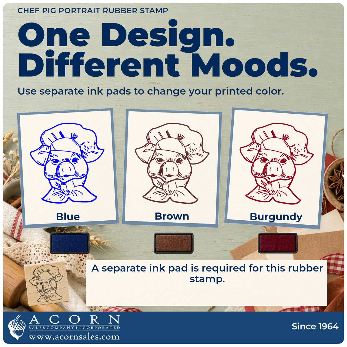 Chef Pig Portrait Rubber Stamp ink-color infographic comparing three single-color impressions and a separate ink pad.