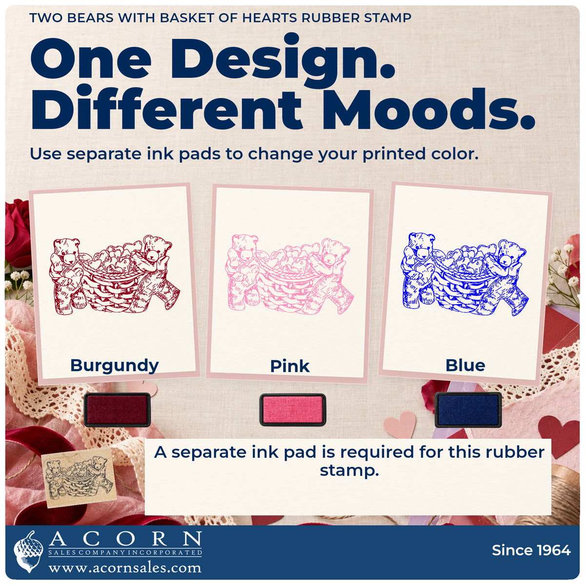 Two Bears with Basket of Hearts Rubber Stamp ink-color infographic comparing three single-color impressions and a separate ink pad.
