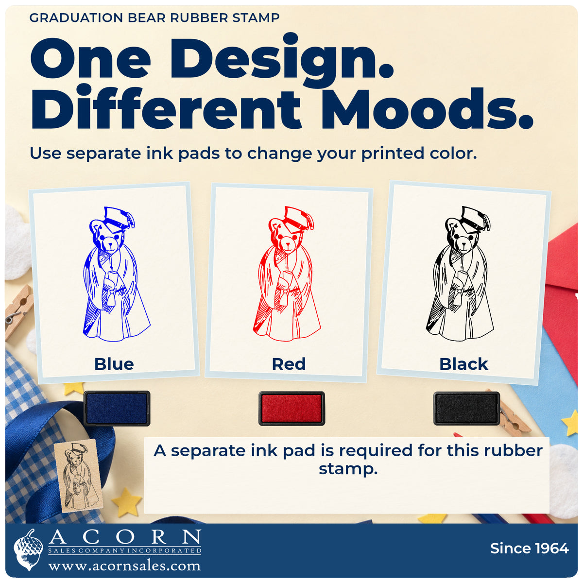 Graduation Bear Rubber Stamp ink-color infographic comparing three single-color impressions and a separate ink pad.