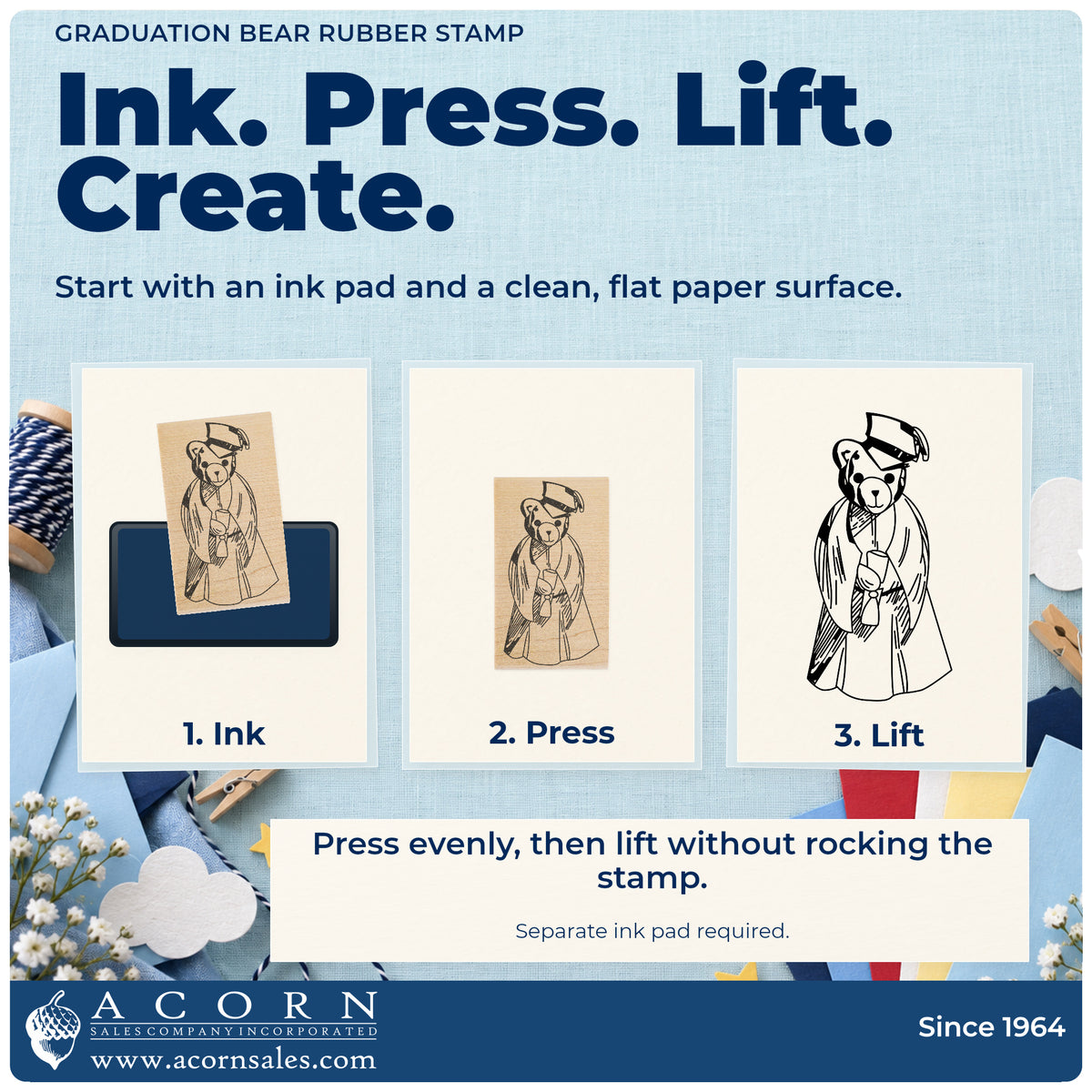 Graduation Bear Rubber Stamp stamping guide illustrating how to ink, press and lift the stamp.