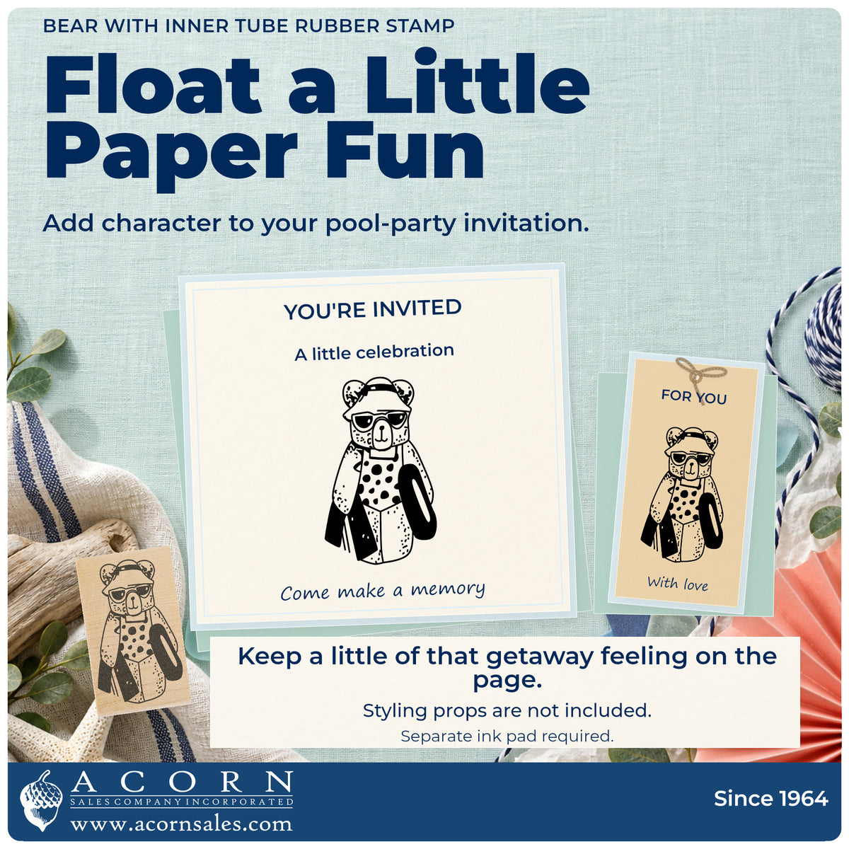 Bear with Inner Tube Rubber Stamp project inspiration: pool party invitation.