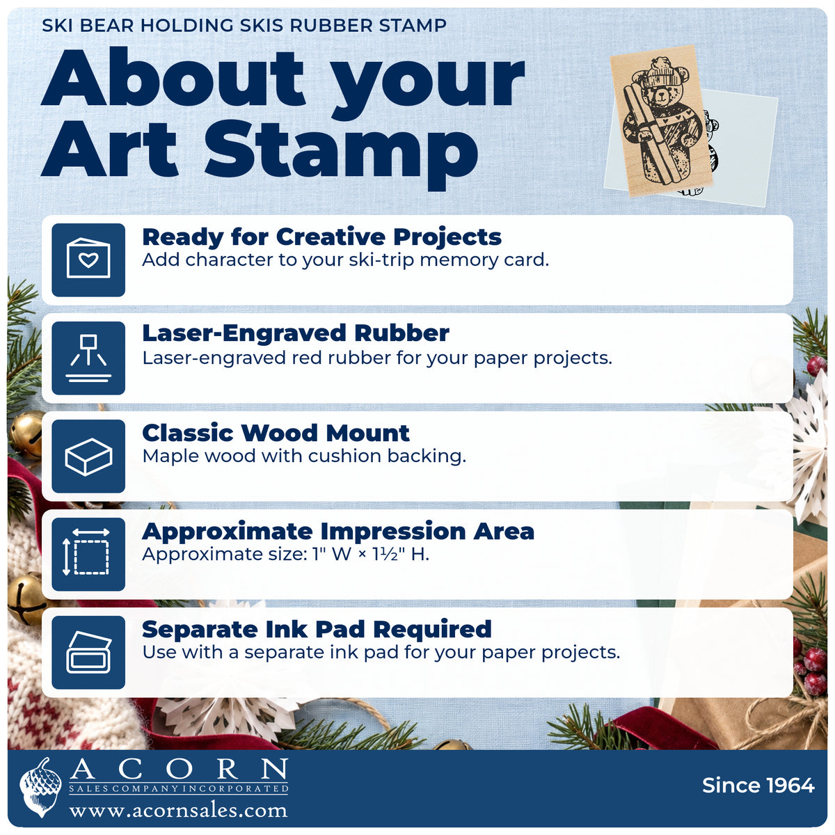 Ski Bear Holding Skis Rubber Stamp feature guide covering the wood mount, rubber construction, approximate size and separate ink pad.
