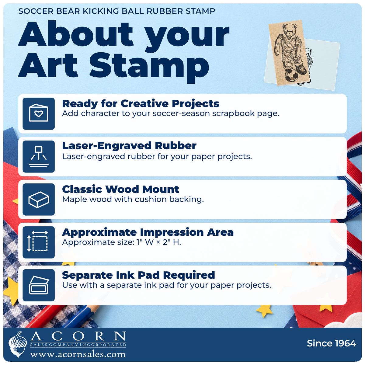 Soccer Bear Kicking Ball Rubber Stamp feature guide covering the wood mount, rubber construction, approximate size and separate ink pad.
