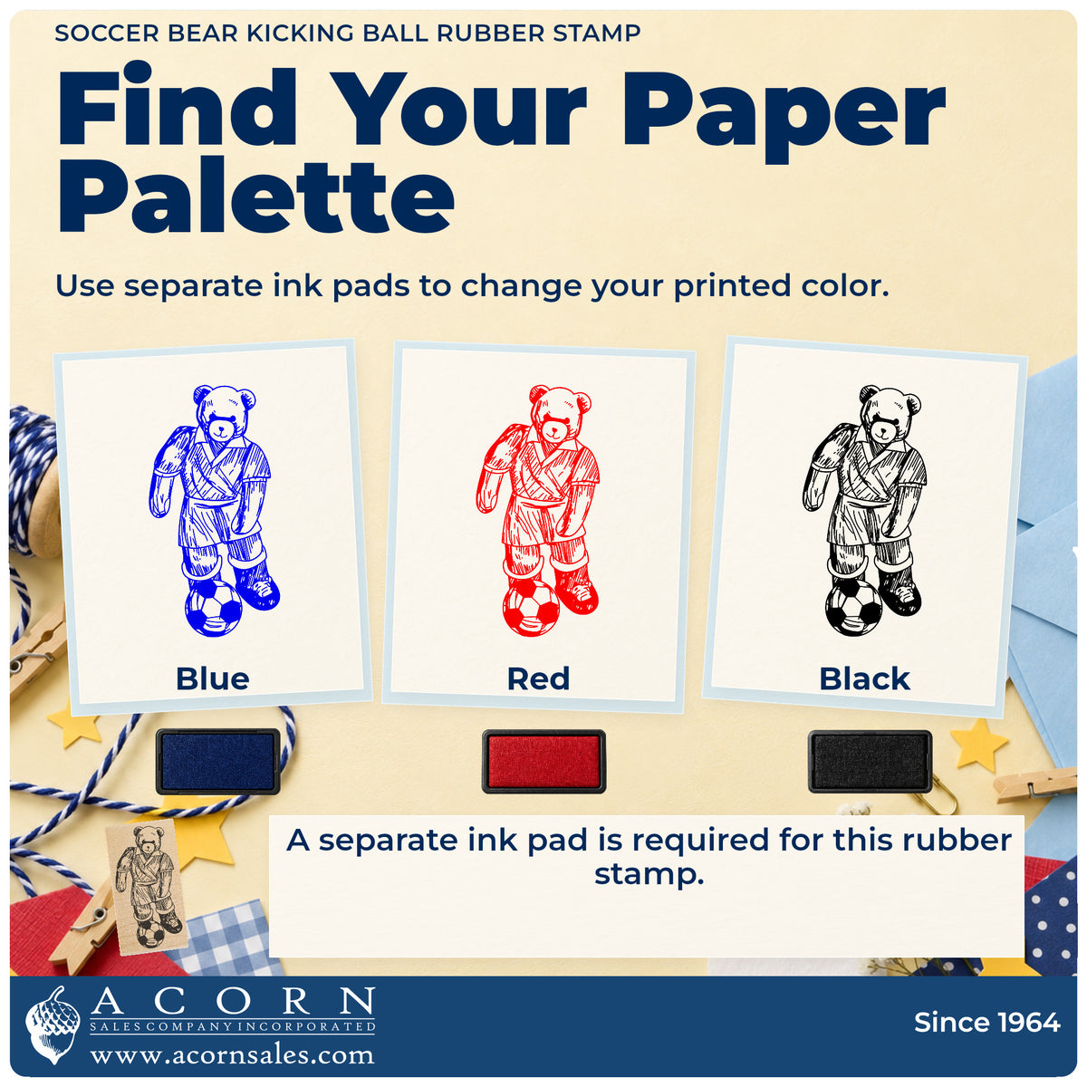 Soccer Bear Kicking Ball Rubber Stamp ink-color infographic comparing three single-color impressions and a separate ink pad.