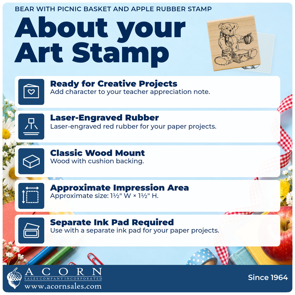 Bear with Picnic Basket and Apple Rubber Stamp feature guide covering the wood mount, rubber construction, approximate size and separate ink pad.