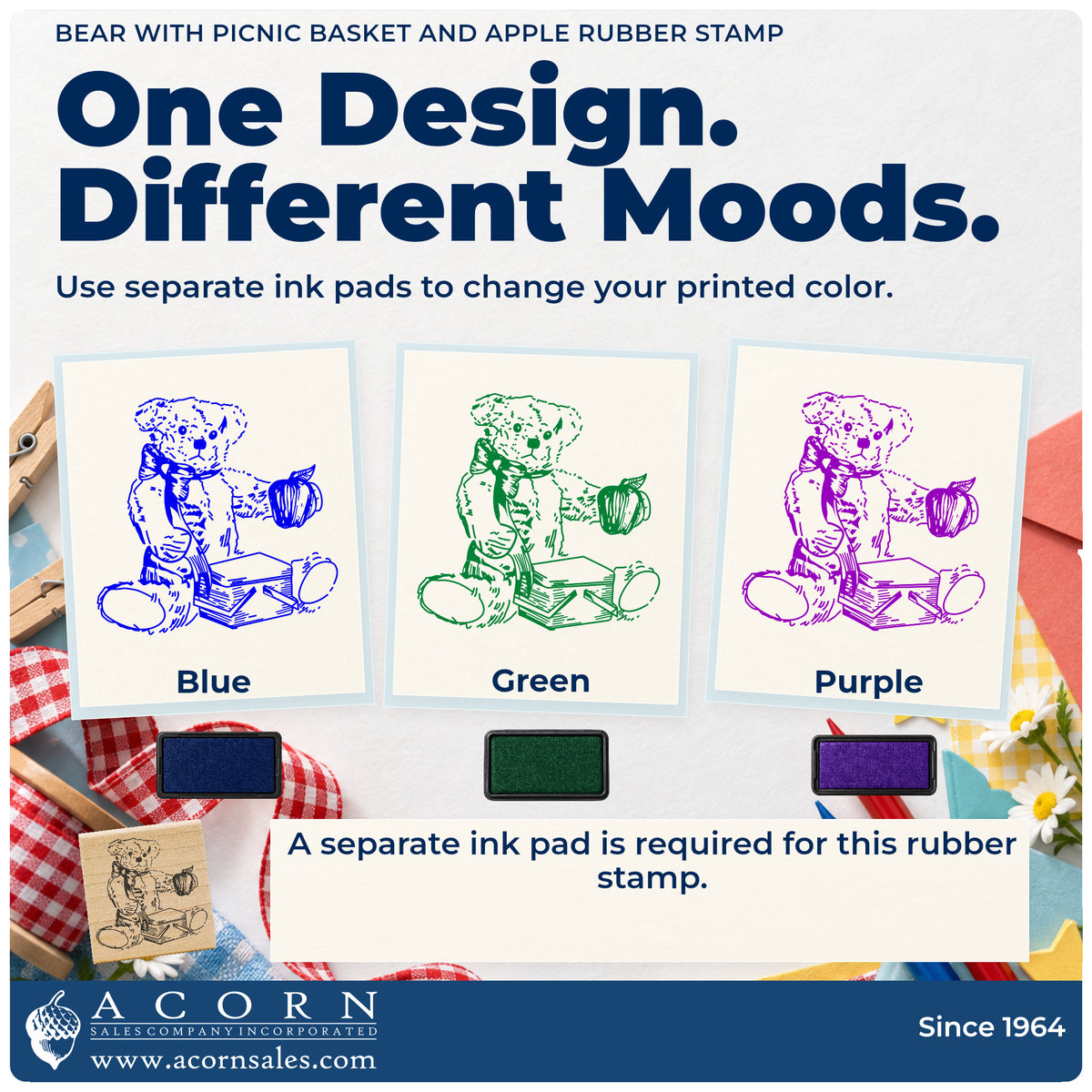 Bear with Picnic Basket and Apple Rubber Stamp ink-color infographic comparing three single-color impressions and a separate ink pad.
