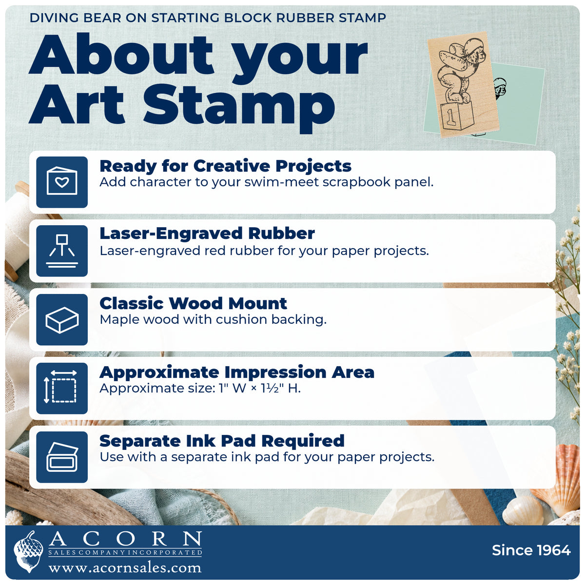 Diving Bear on Starting Block Rubber Stamp feature guide covering the wood mount, rubber construction, approximate size and separate ink pad.