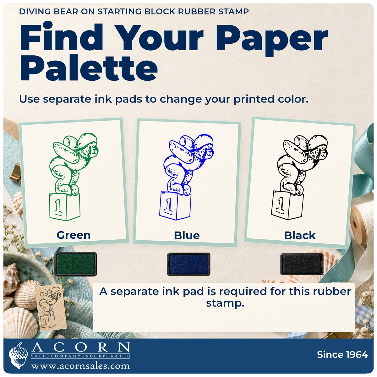 Diving Bear on Starting Block Rubber Stamp ink-color infographic comparing three single-color impressions and a separate ink pad.