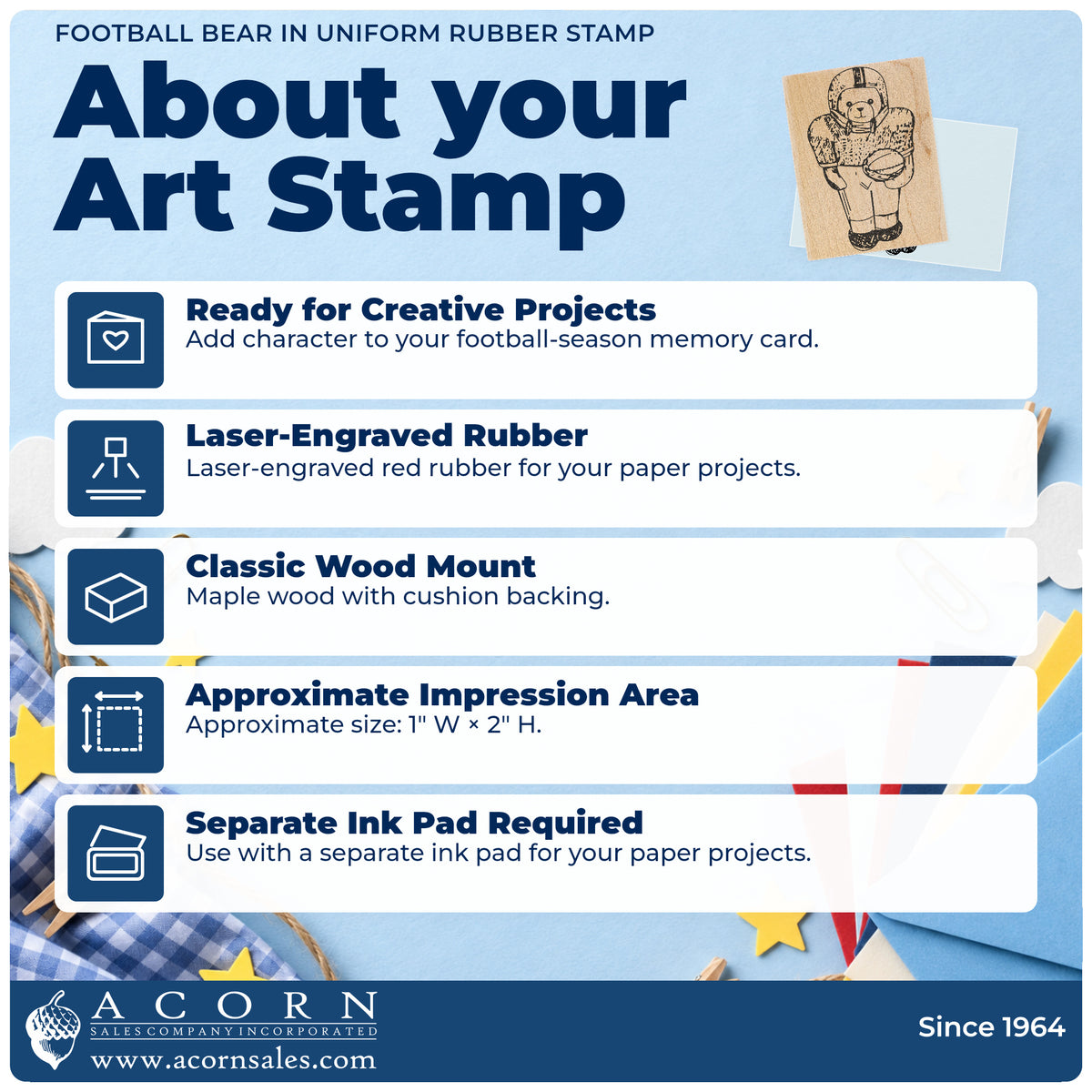 Football Bear in Uniform Rubber Stamp feature guide covering the wood mount, rubber construction, approximate size and separate ink pad.