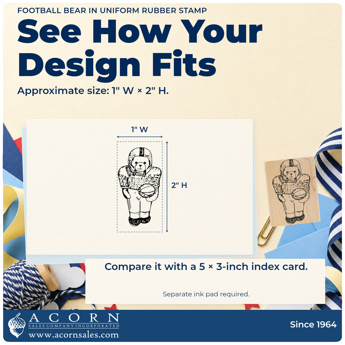 Football Bear in Uniform Rubber Stamp impression-size guide showing the design on a paper reference with dimension labels.