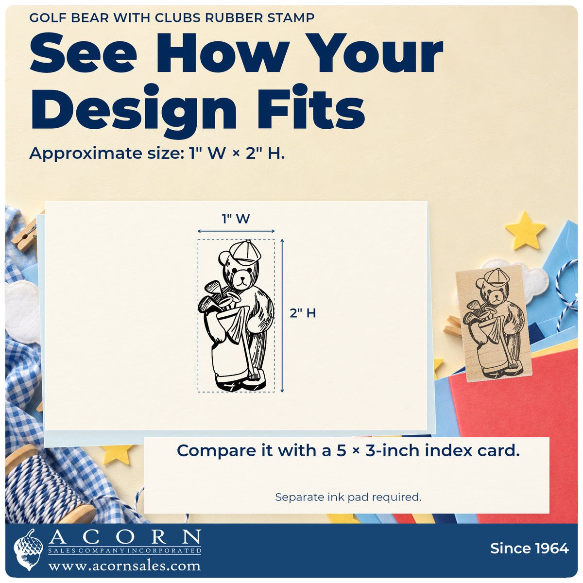 Golf Bear with Clubs Rubber Stamp impression-size guide showing the design on a paper reference with dimension labels.