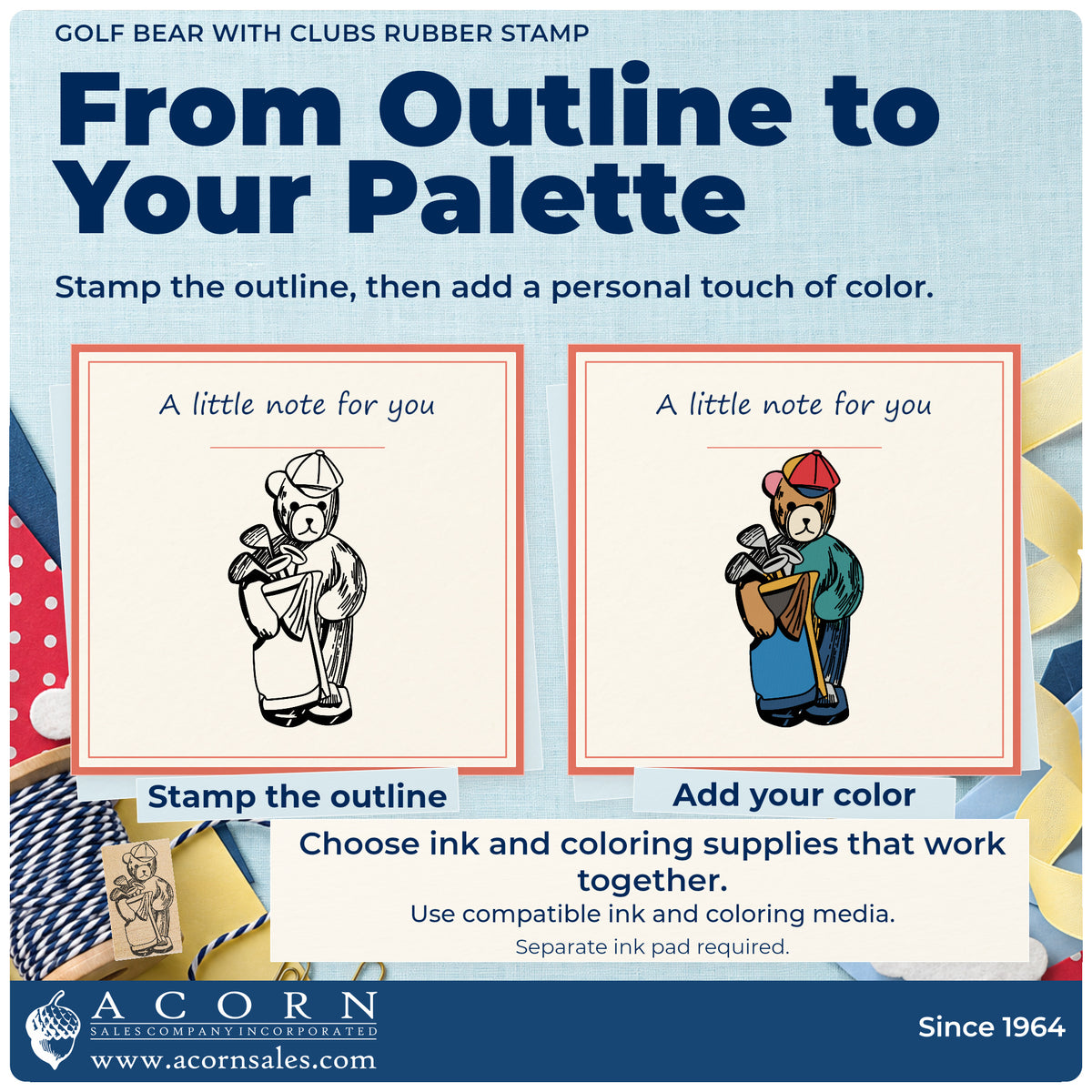 Golf Bear with Clubs Rubber Stamp stamp-and-color guide comparing an outline impression with a colored example.
