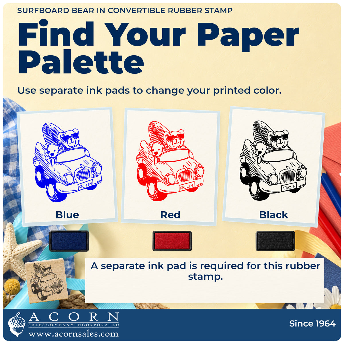 Surfboard Bear in Convertible Rubber Stamp ink-color infographic comparing three single-color impressions and a separate ink pad.