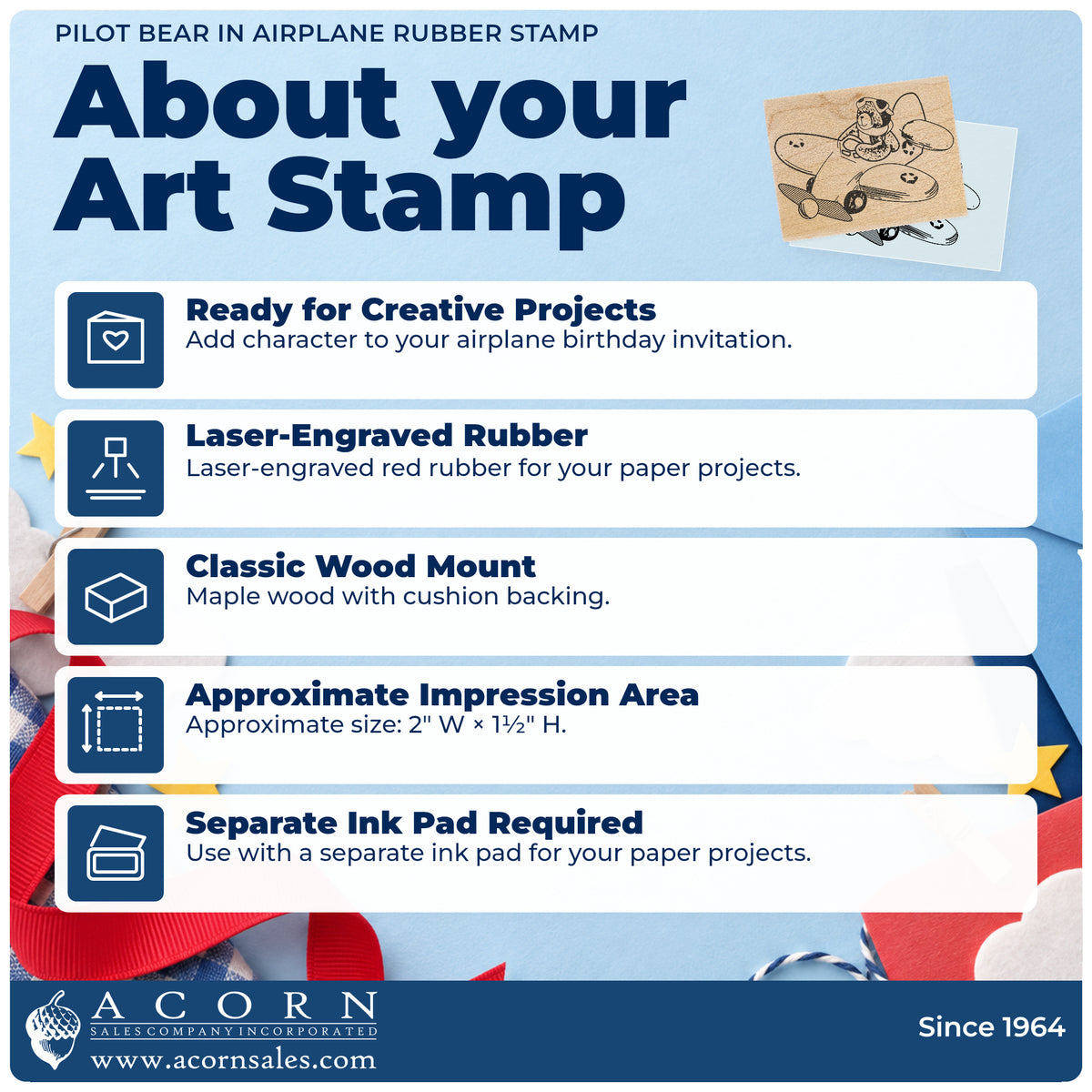 Pilot Bear in Airplane Rubber Stamp feature guide covering the wood mount, rubber construction, approximate size and separate ink pad.