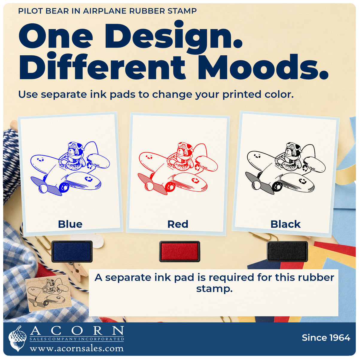 Pilot Bear in Airplane Rubber Stamp ink-color infographic comparing three single-color impressions and a separate ink pad.