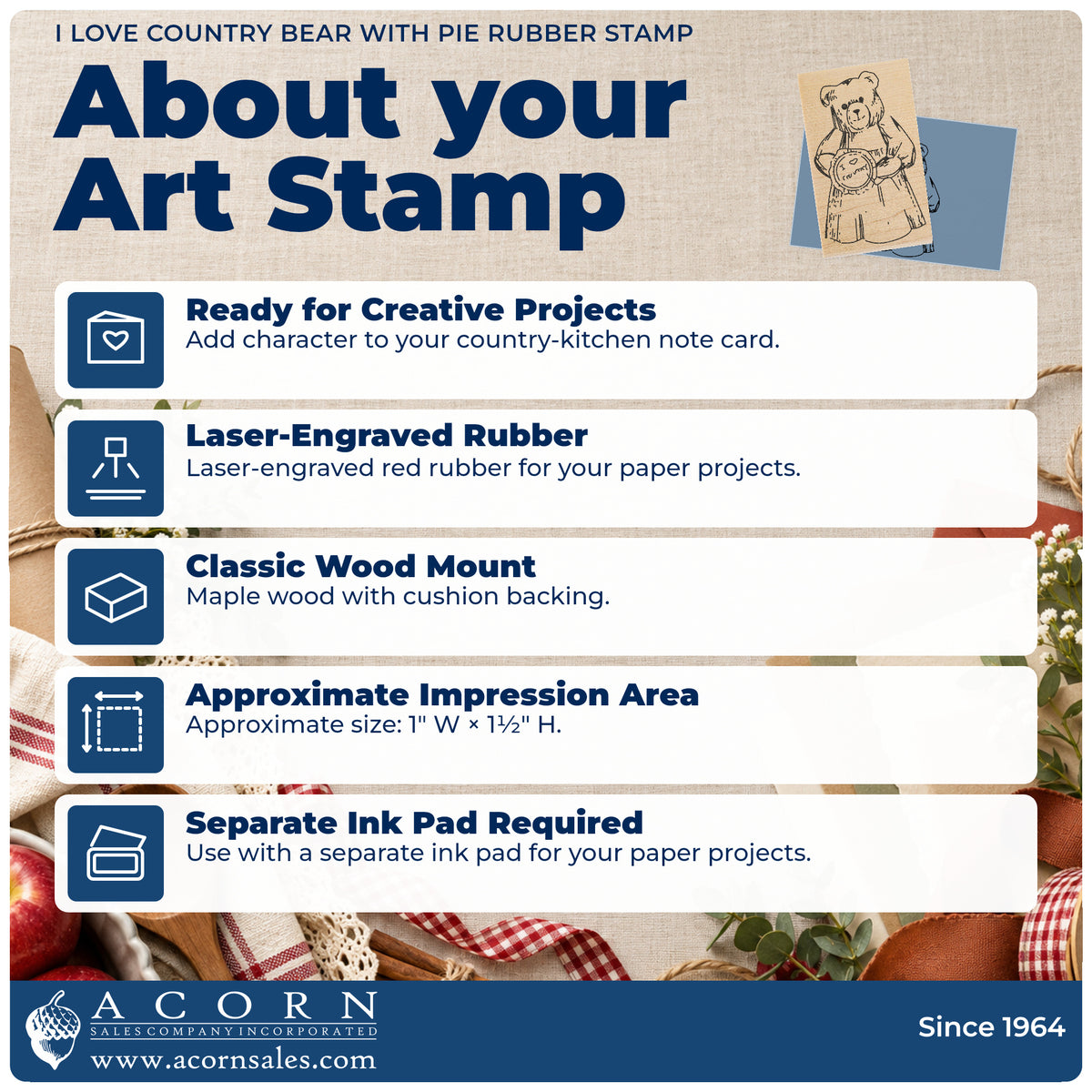 I Love Country Bear with Pie Rubber Stamp feature guide covering the wood mount, rubber construction, approximate size and separate ink pad.