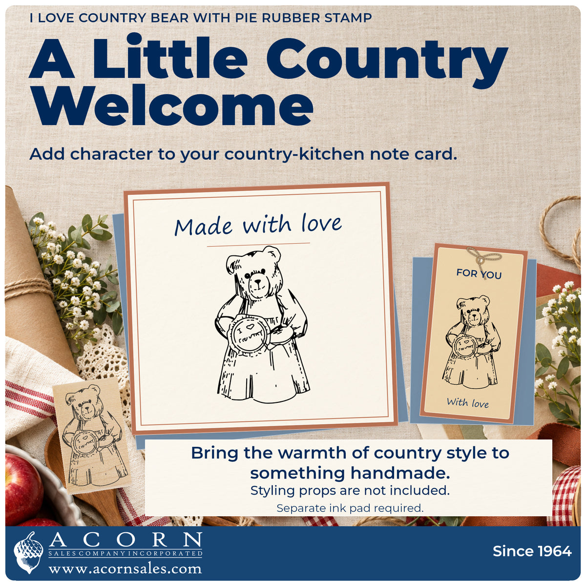 I Love Country Bear with Pie Rubber Stamp project inspiration: country kitchen note card.