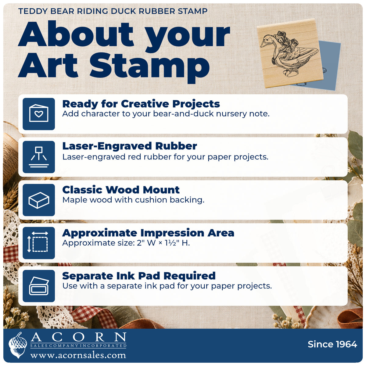 Teddy Bear Riding Duck Rubber Stamp feature guide covering the wood mount, rubber construction, approximate size and separate ink pad.