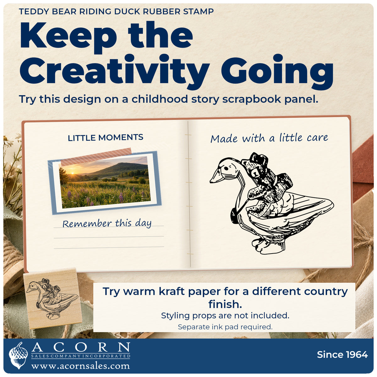 Teddy Bear Riding Duck Rubber Stamp project inspiration: childhood story scrapbook panel.