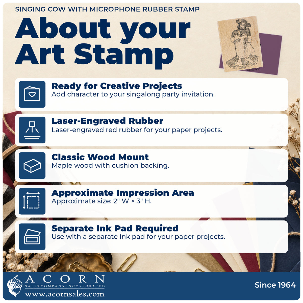 Singing Cow with Microphone Rubber Stamp feature guide covering the wood mount, rubber construction, approximate size and separate ink pad.