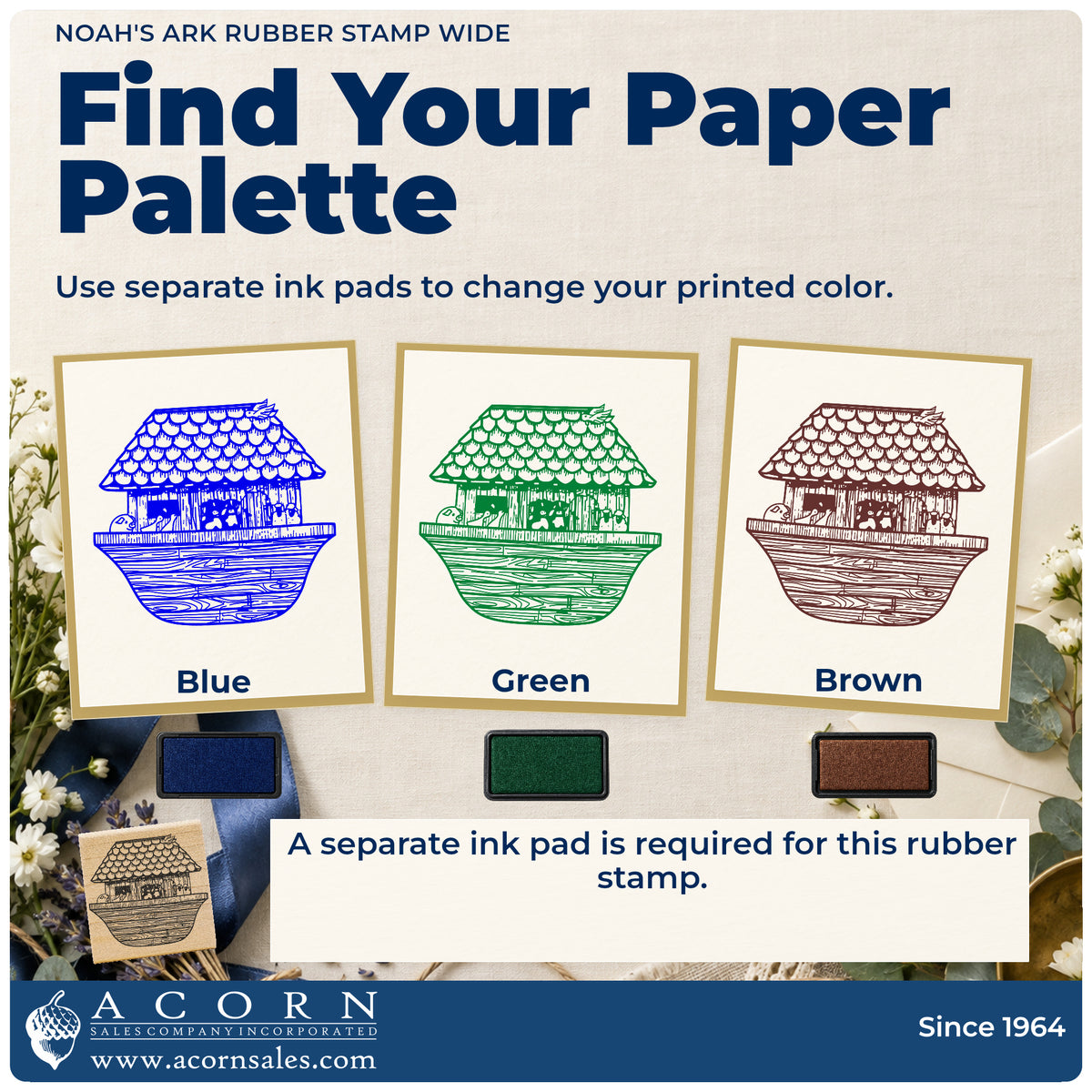 Noah's Ark Rubber Stamp Wide ink-color infographic comparing three single-color impressions and a separate ink pad.