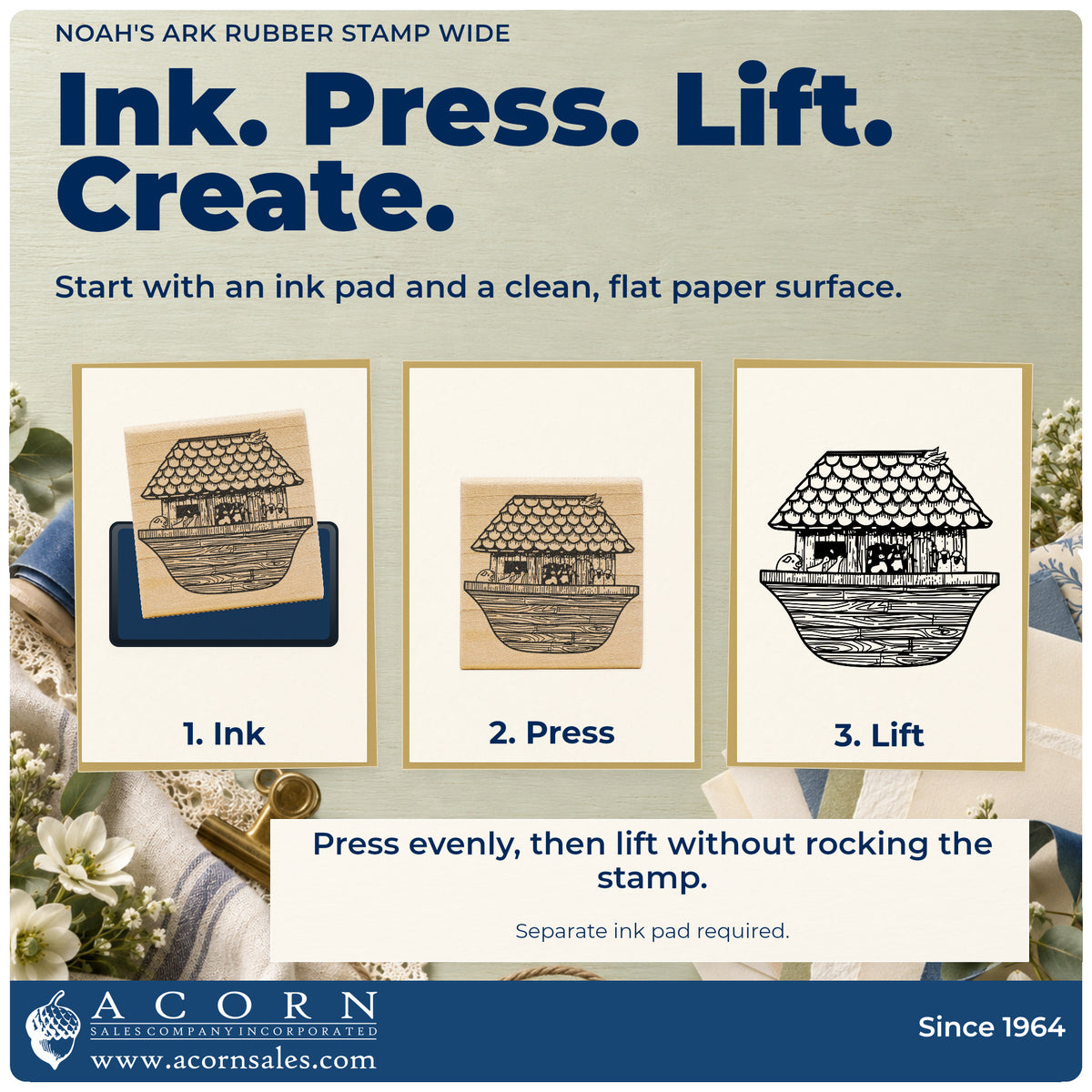 Noah's Ark Rubber Stamp Wide stamping guide illustrating how to ink, press and lift the stamp.
