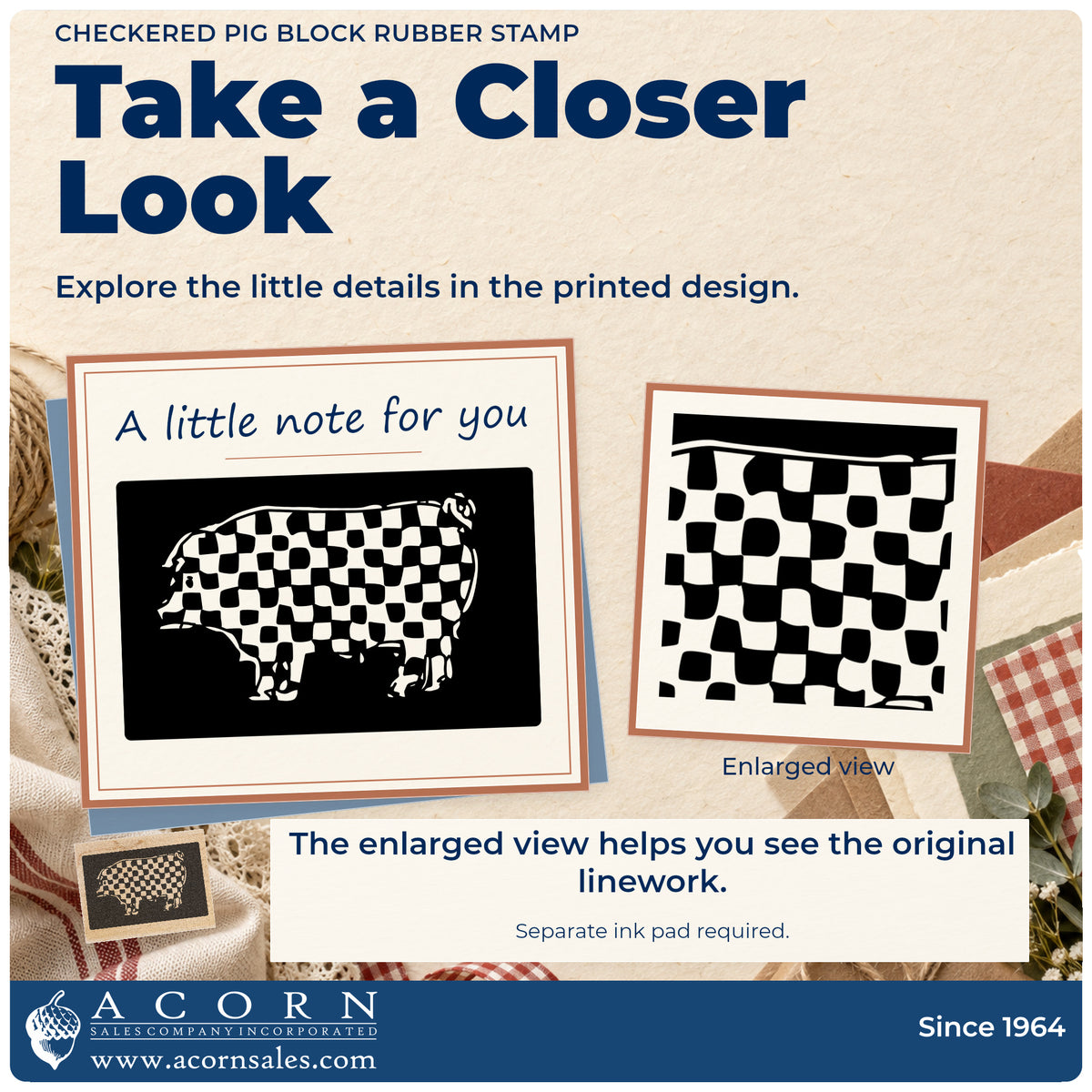 Checkered Pig Block Rubber Stamp detail infographic with an enlarged view of the printed design.
