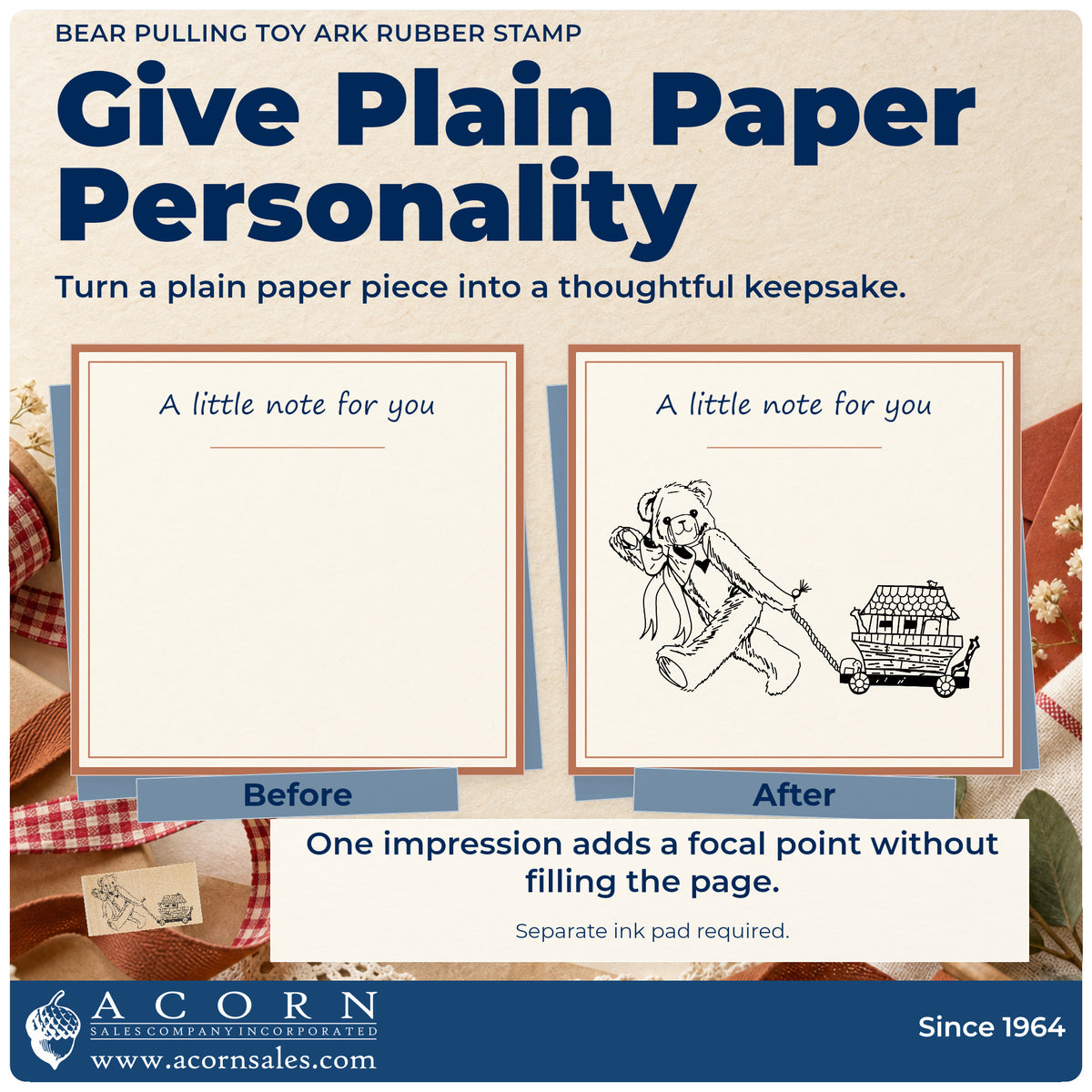 Bear Pulling Toy Ark Rubber Stamp before-and-after infographic comparing plain paper with the stamped project.