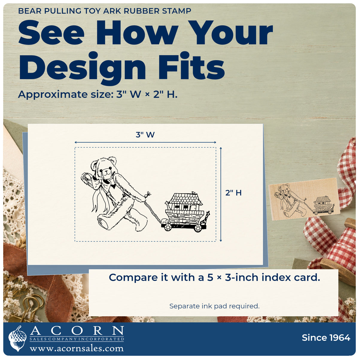 Bear Pulling Toy Ark Rubber Stamp impression-size guide showing the design on a paper reference with dimension labels.