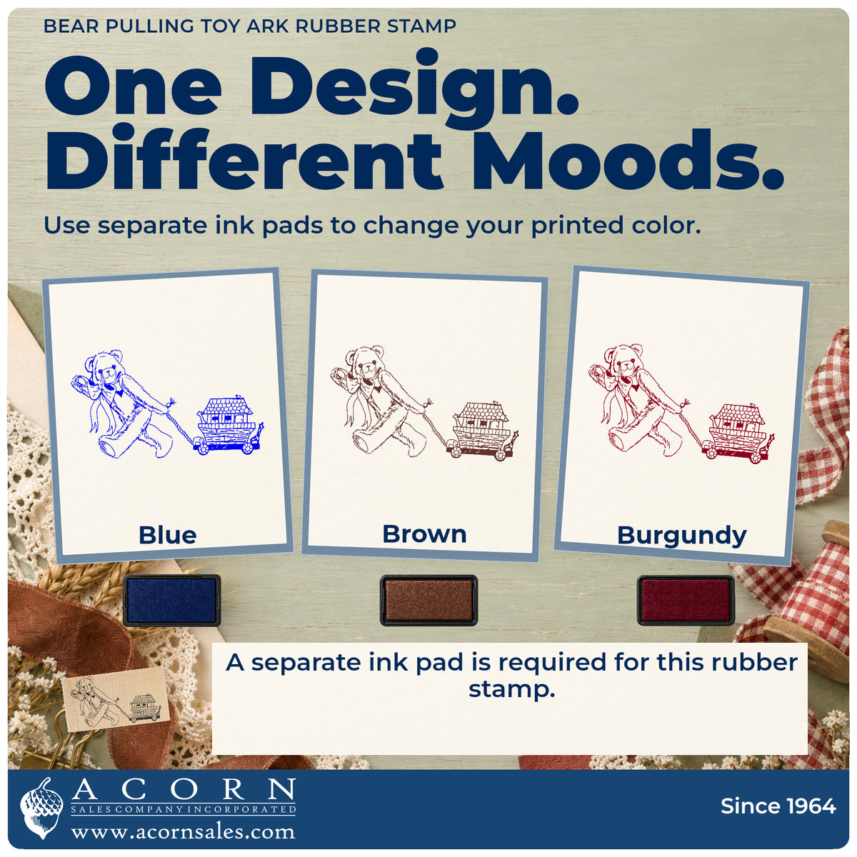 Bear Pulling Toy Ark Rubber Stamp ink-color infographic comparing three single-color impressions and a separate ink pad.