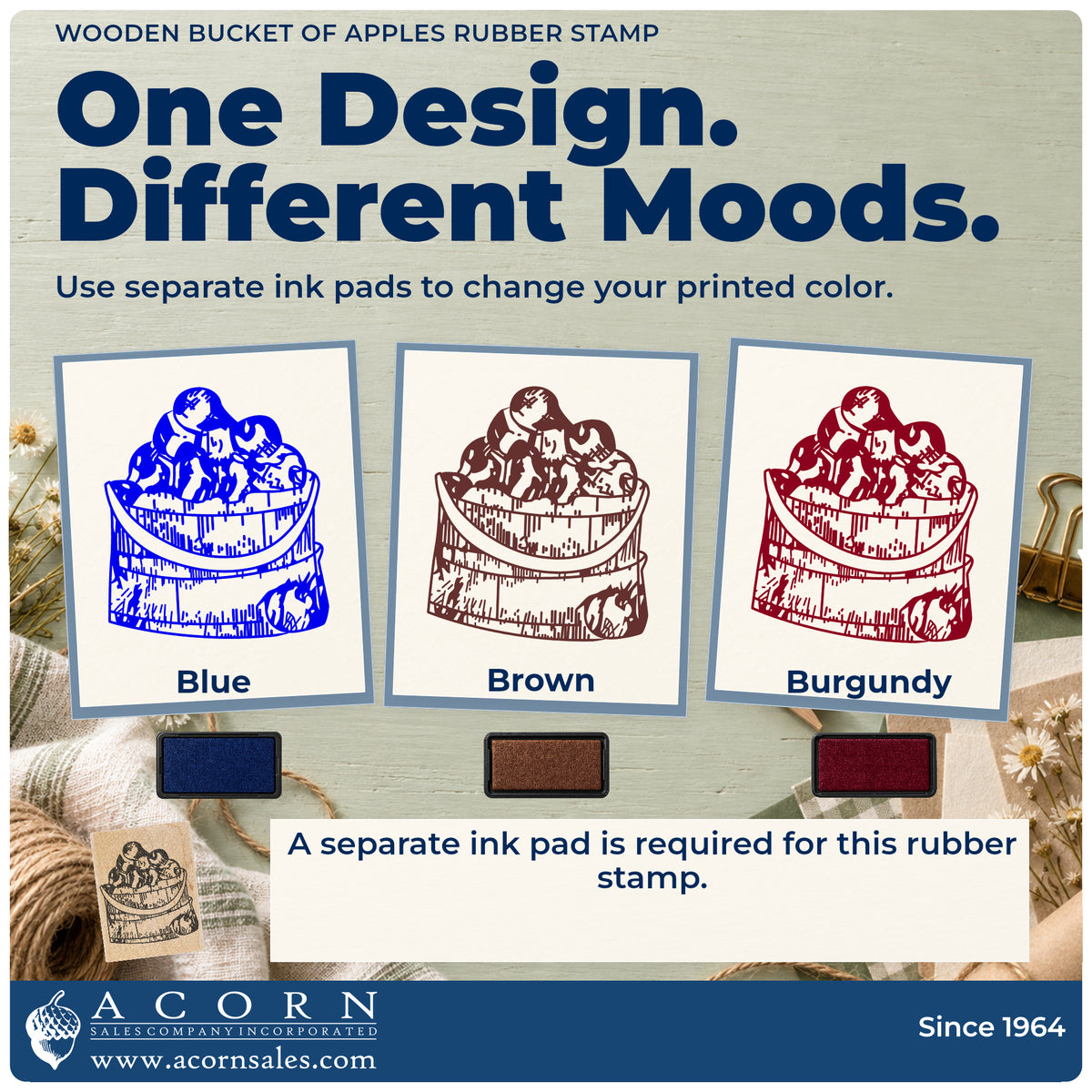 Wooden Bucket of Apples Rubber Stamp ink-color infographic comparing three single-color impressions and a separate ink pad.