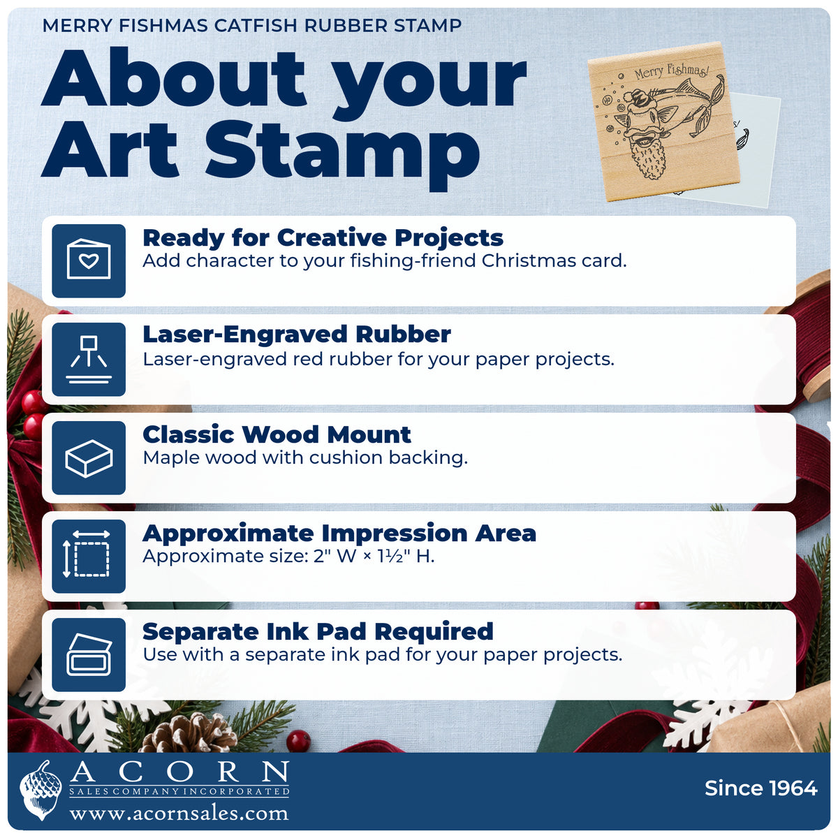 Merry Fishmas Catfish Rubber Stamp feature guide covering the wood mount, rubber construction, approximate size and separate ink pad.
