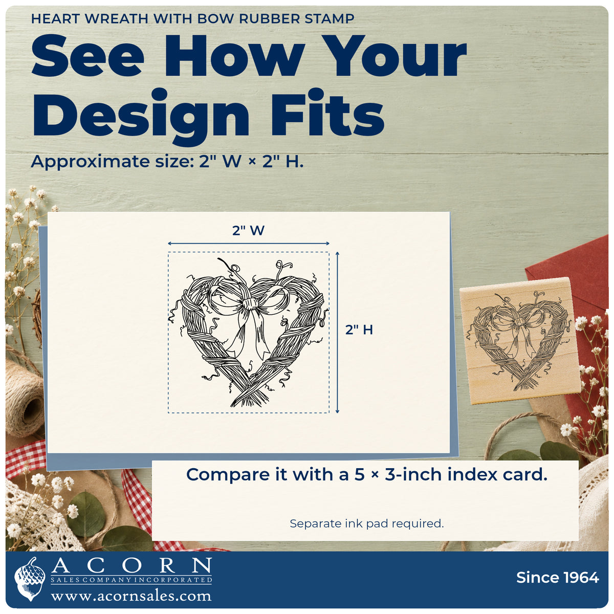 Heart Wreath with Bow Rubber Stamp impression-size guide showing the design on a paper reference with dimension labels.