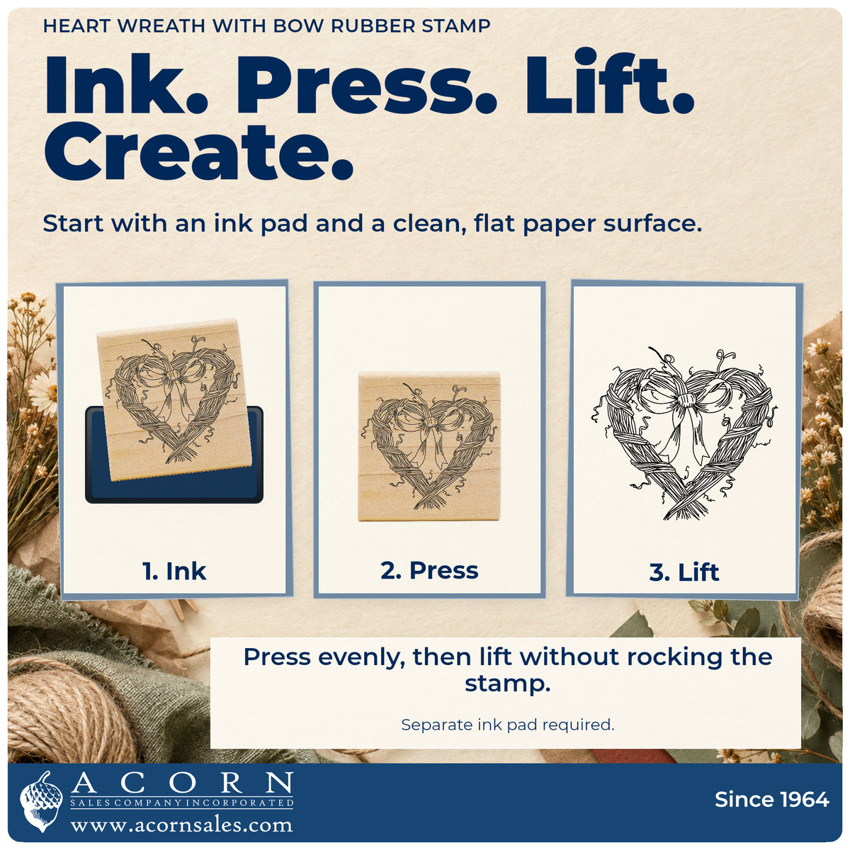 Heart Wreath with Bow Rubber Stamp stamping guide illustrating how to ink, press and lift the stamp.