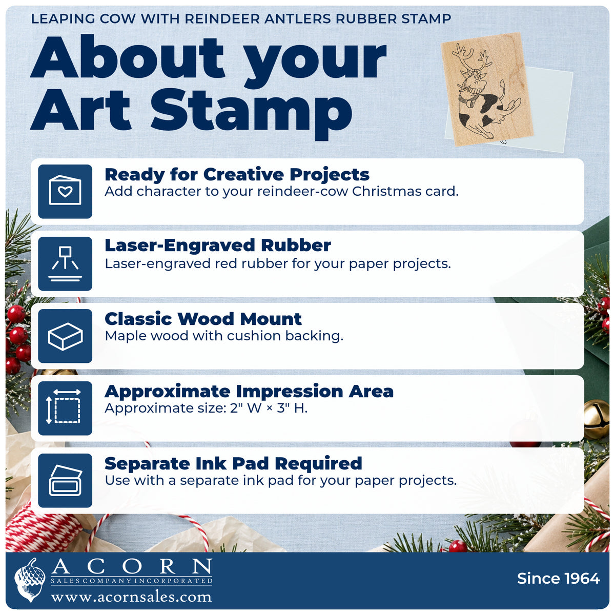 Leaping Cow with Reindeer Antlers Rubber Stamp feature guide covering the wood mount, rubber construction, approximate size and separate ink pad.