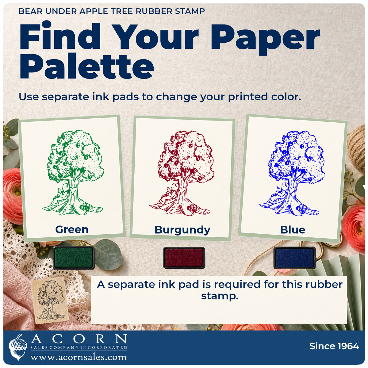 Bear under Apple Tree Rubber Stamp ink-color infographic comparing three single-color impressions and a separate ink pad.