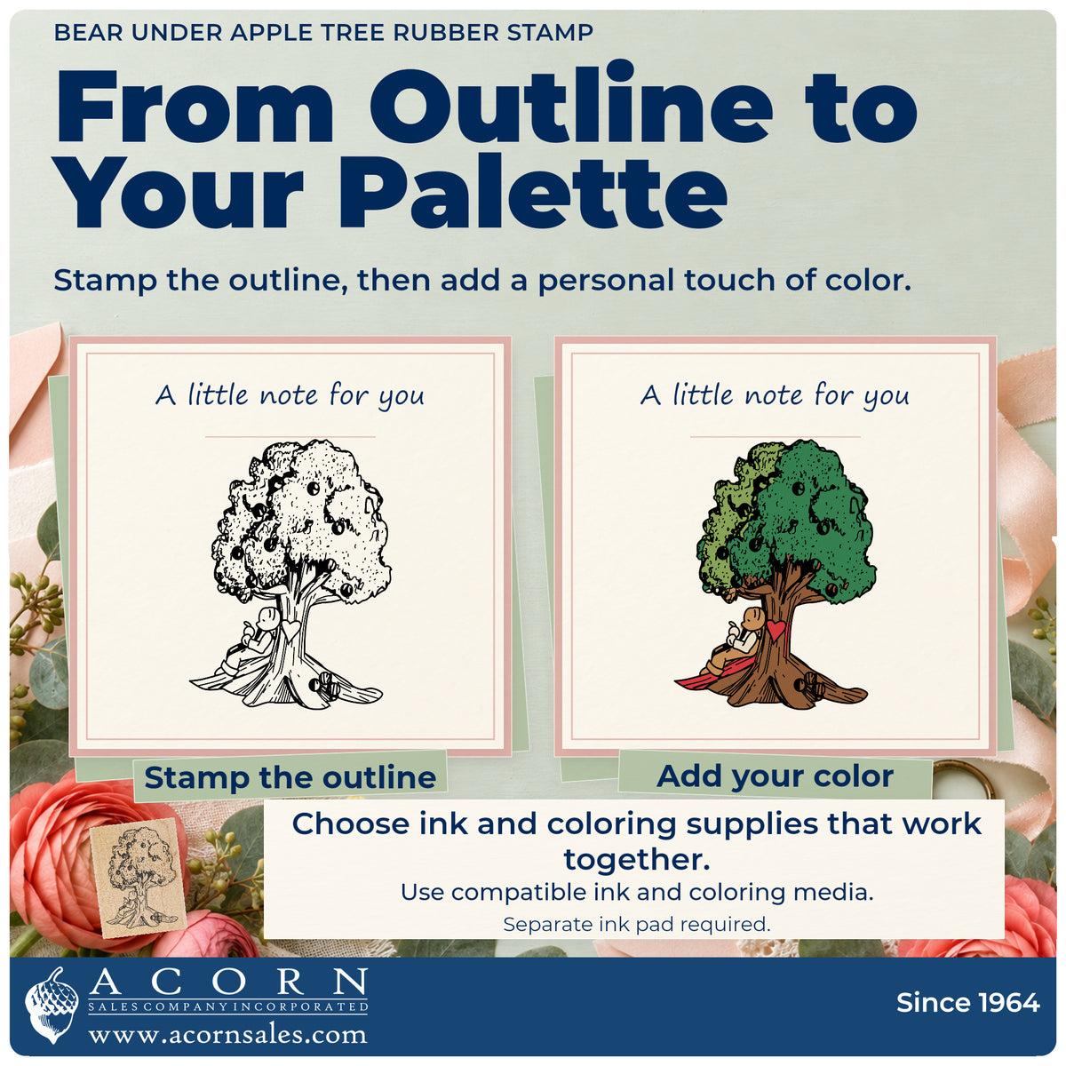 Bear under Apple Tree Rubber Stamp stamp-and-color guide comparing an outline impression with a colored example.