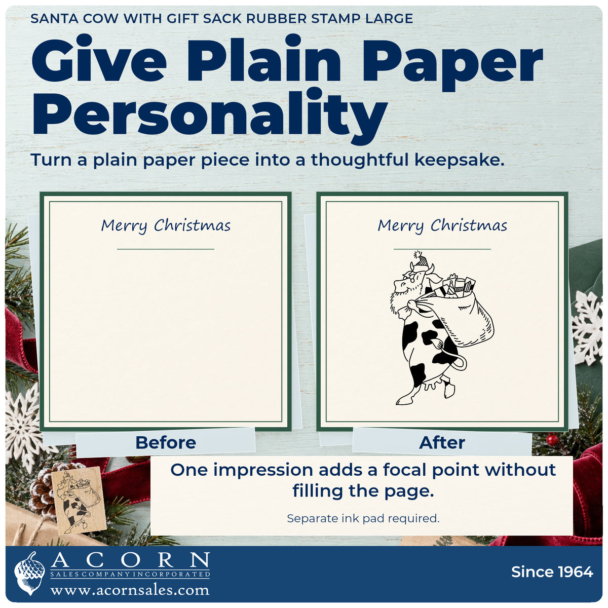 Santa Cow with Gift Sack Rubber Stamp Large before-and-after infographic comparing plain paper with the stamped project.