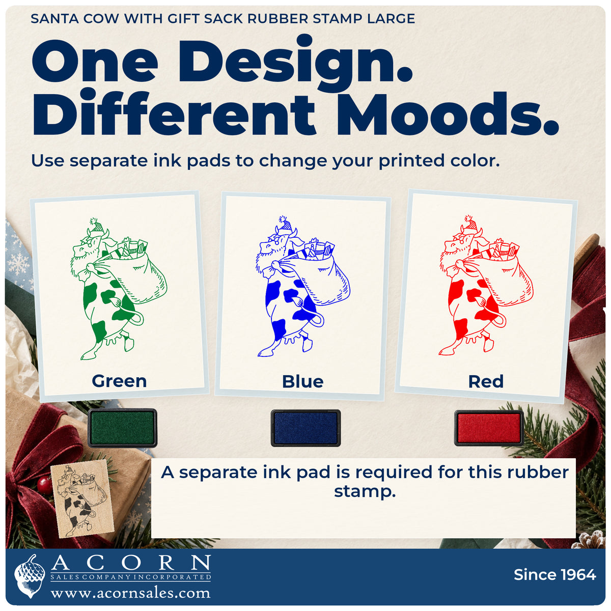 Santa Cow with Gift Sack Rubber Stamp Large ink-color infographic comparing three single-color impressions and a separate ink pad.
