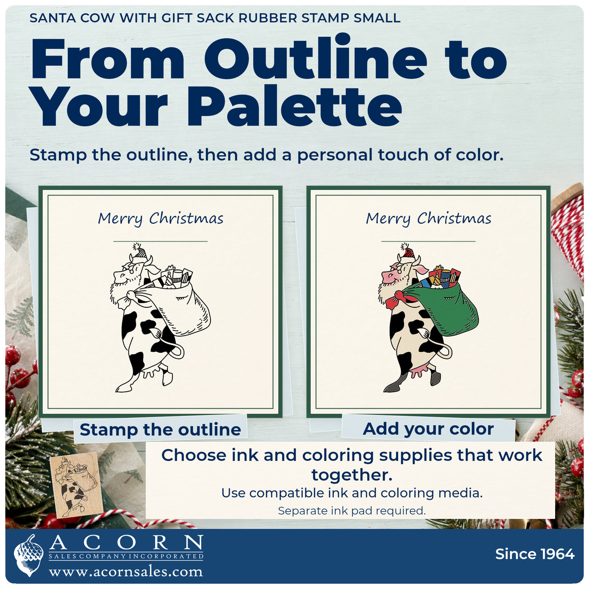 Santa Cow with Gift Sack Rubber Stamp Small stamp-and-color guide comparing an outline impression with a colored example.