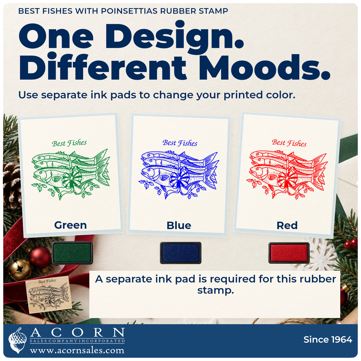 Best Fishes with Poinsettias Rubber Stamp ink-color infographic comparing three single-color impressions and a separate ink pad.