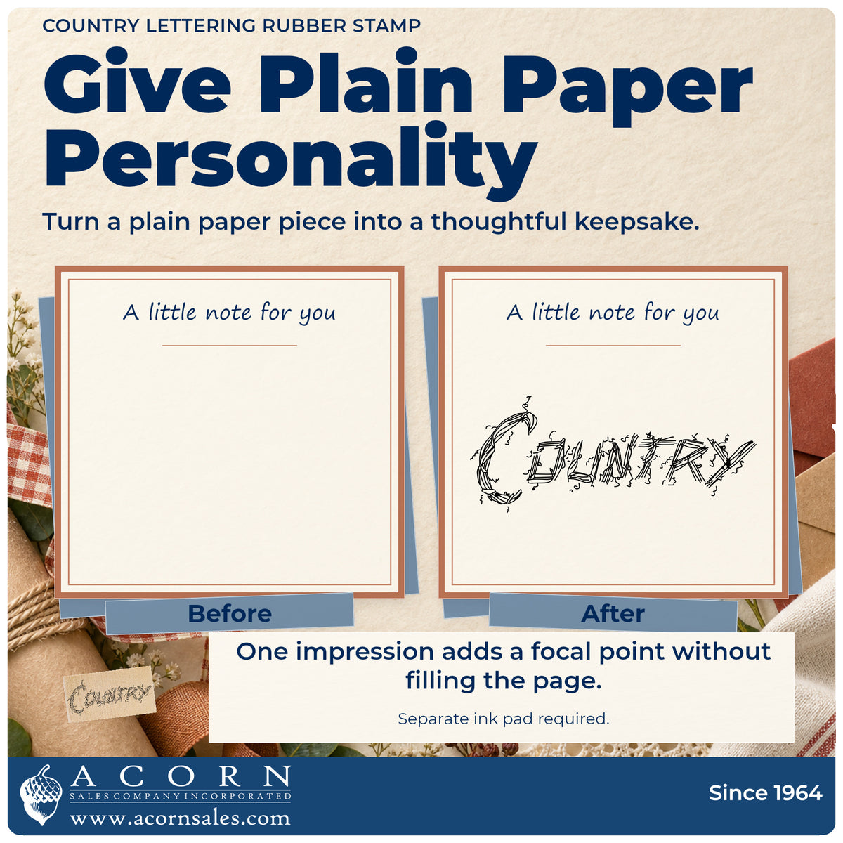 Country Lettering Rubber Stamp before-and-after infographic comparing plain paper with the stamped project.