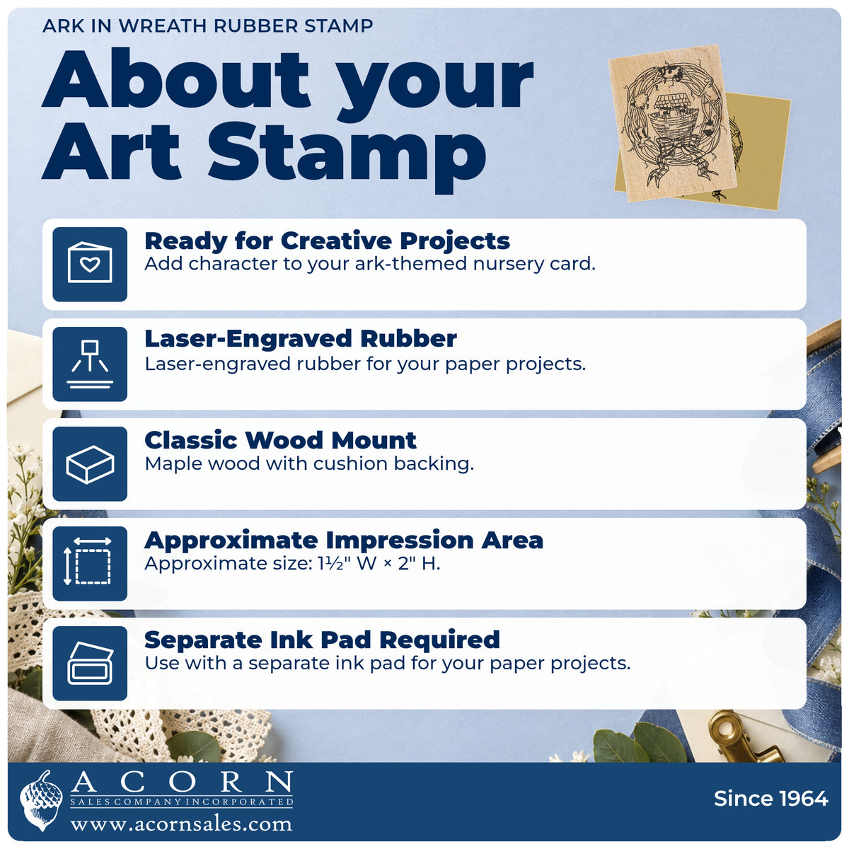 Ark in Wreath Rubber Stamp feature guide covering the wood mount, rubber construction, approximate size and separate ink pad.