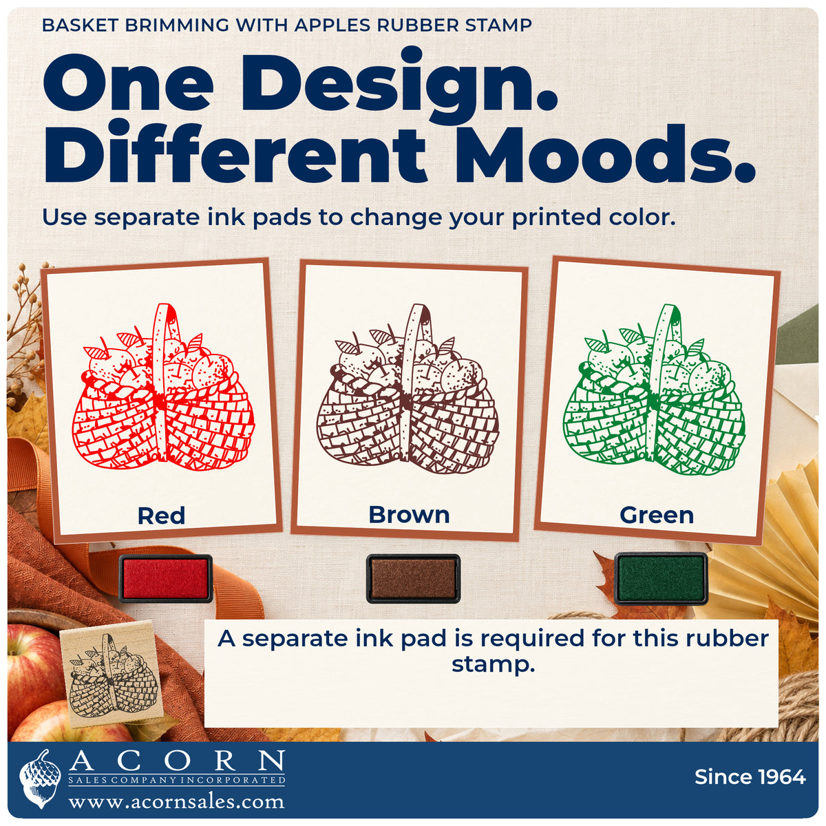 Basket Brimming with Apples Rubber Stamp ink-color infographic comparing three single-color impressions and a separate ink pad.
