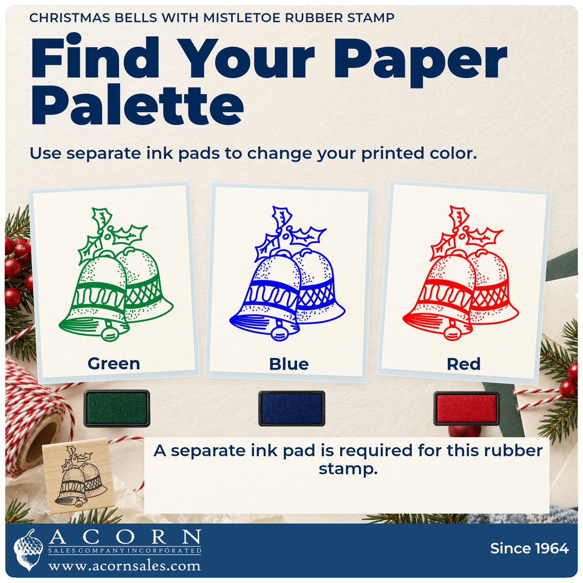 Christmas Bells with Mistletoe Rubber Stamp ink-color infographic comparing three single-color impressions and a separate ink pad.