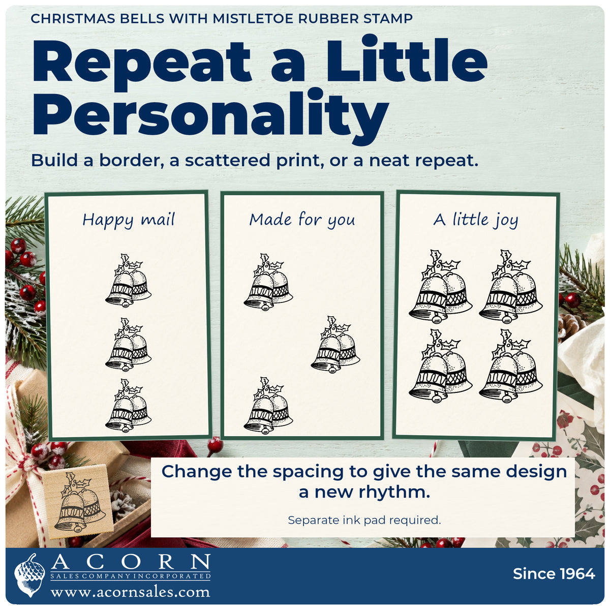 Christmas Bells with Mistletoe Rubber Stamp pattern guide showing repeated impressions in borders, scattered prints and a grid.