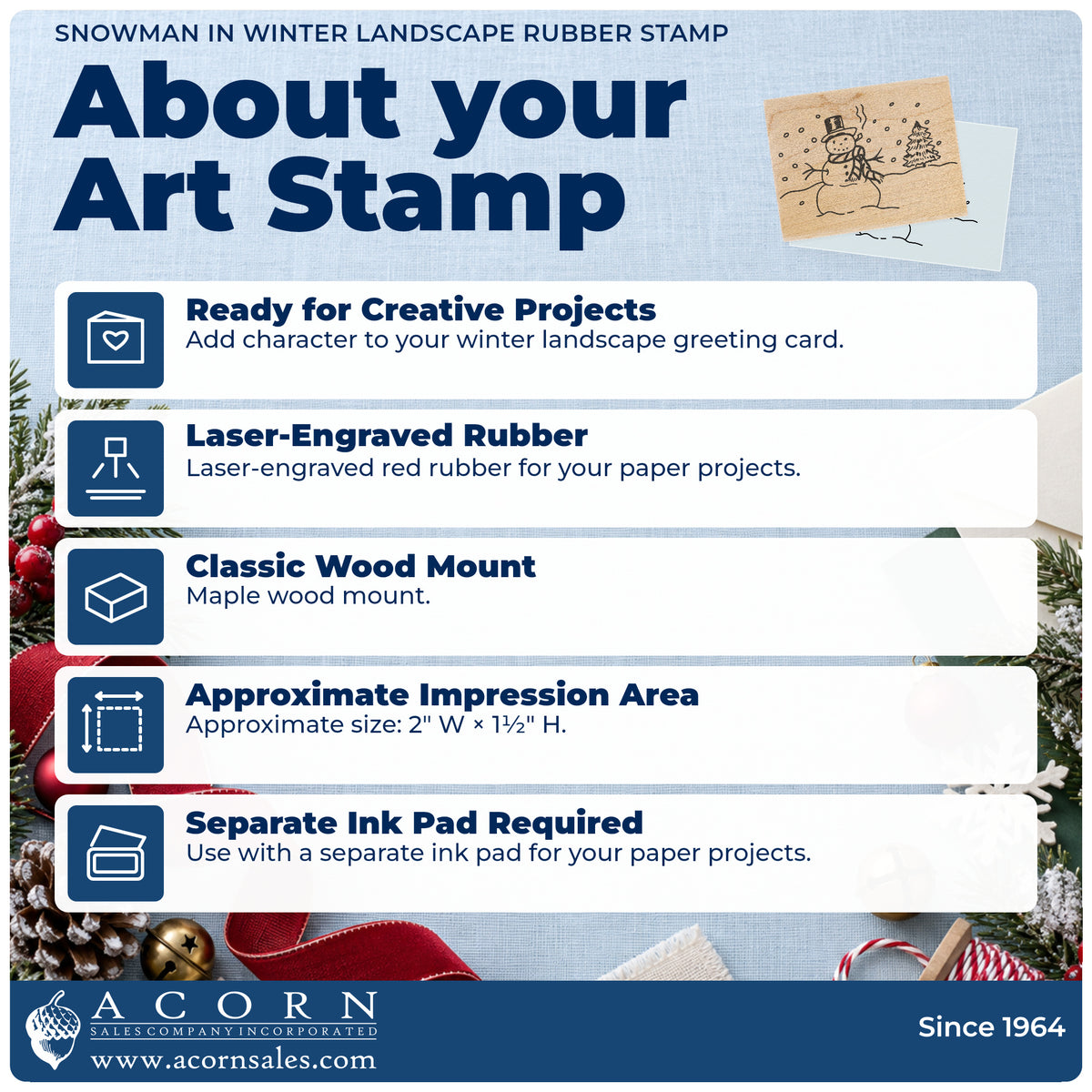 Snowman in Winter Landscape Rubber Stamp feature guide covering the wood mount, rubber construction, approximate size and separate ink pad.