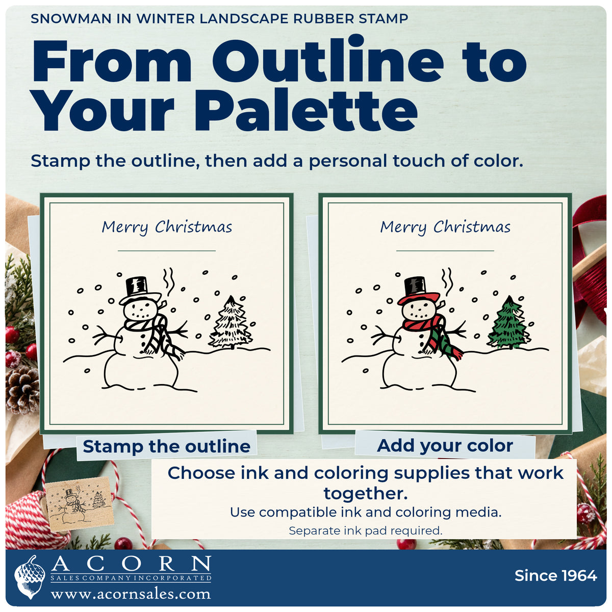 Snowman in Winter Landscape Rubber Stamp stamp-and-color guide comparing an outline impression with a colored example.