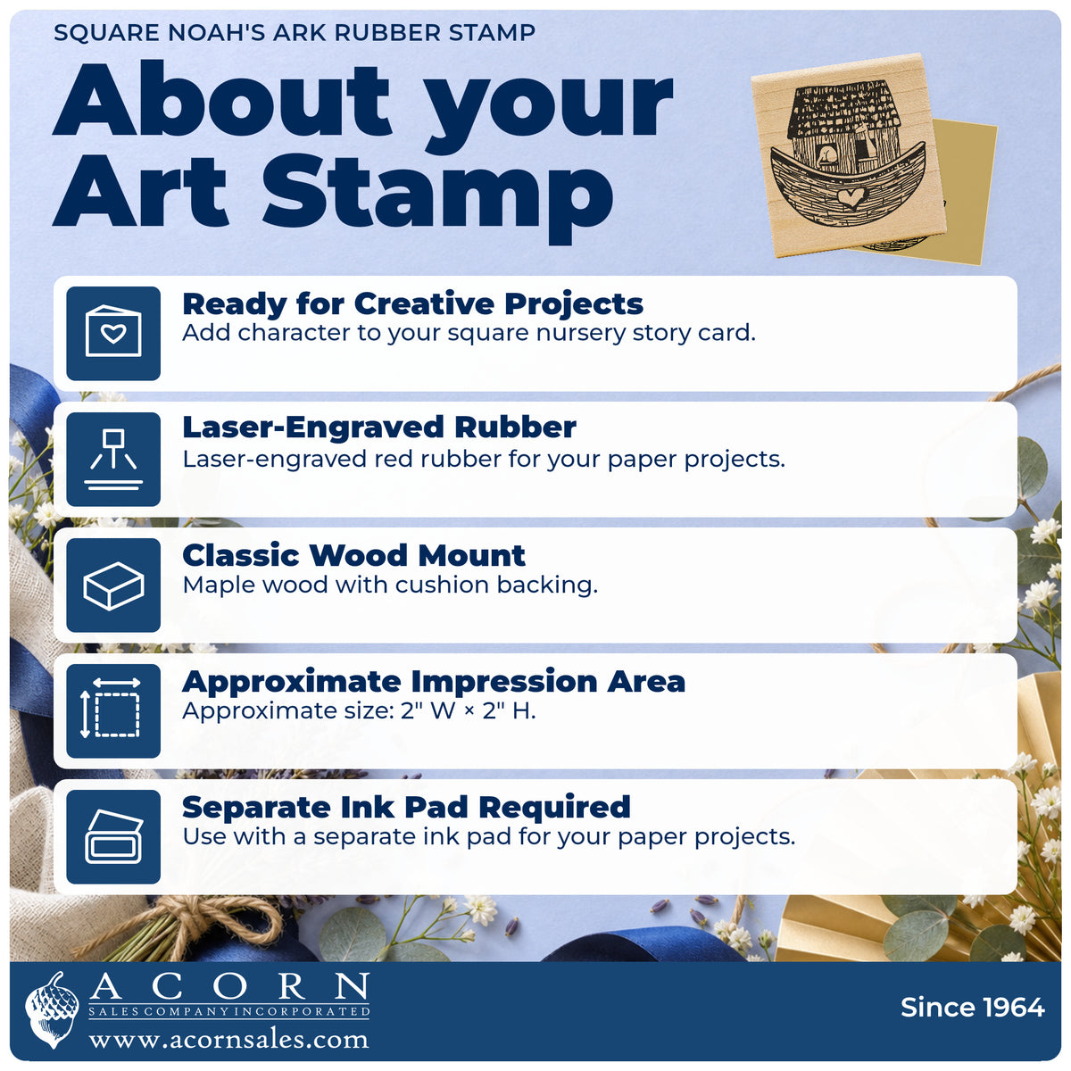 Square Noah's Ark Rubber Stamp feature guide covering the wood mount, rubber construction, approximate size and separate ink pad.